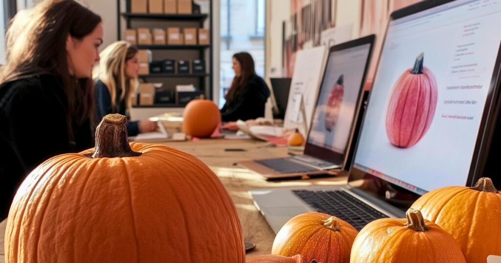 Gros plan sur une citrouille posée sur une table en bois dans un bureau moderne. En arrière-plan, des femmes travaillent sur des ordinateurs affichant des images de citrouilles, illustrant un concept de commerce en ligne et de marketing digital autour des produits de saison